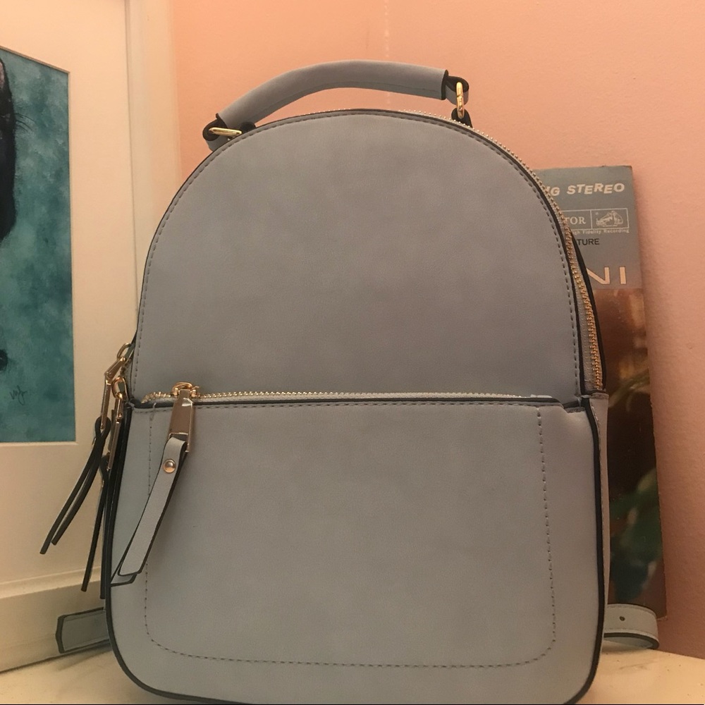Pale blue powdery vegan leather backpack
